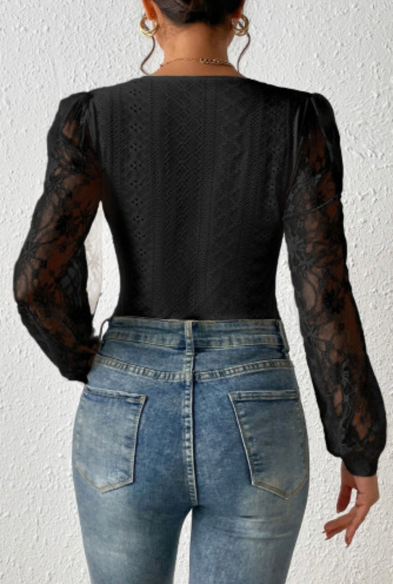 Frenchy Contrast Lace Bishop Sleeve Bodysuit