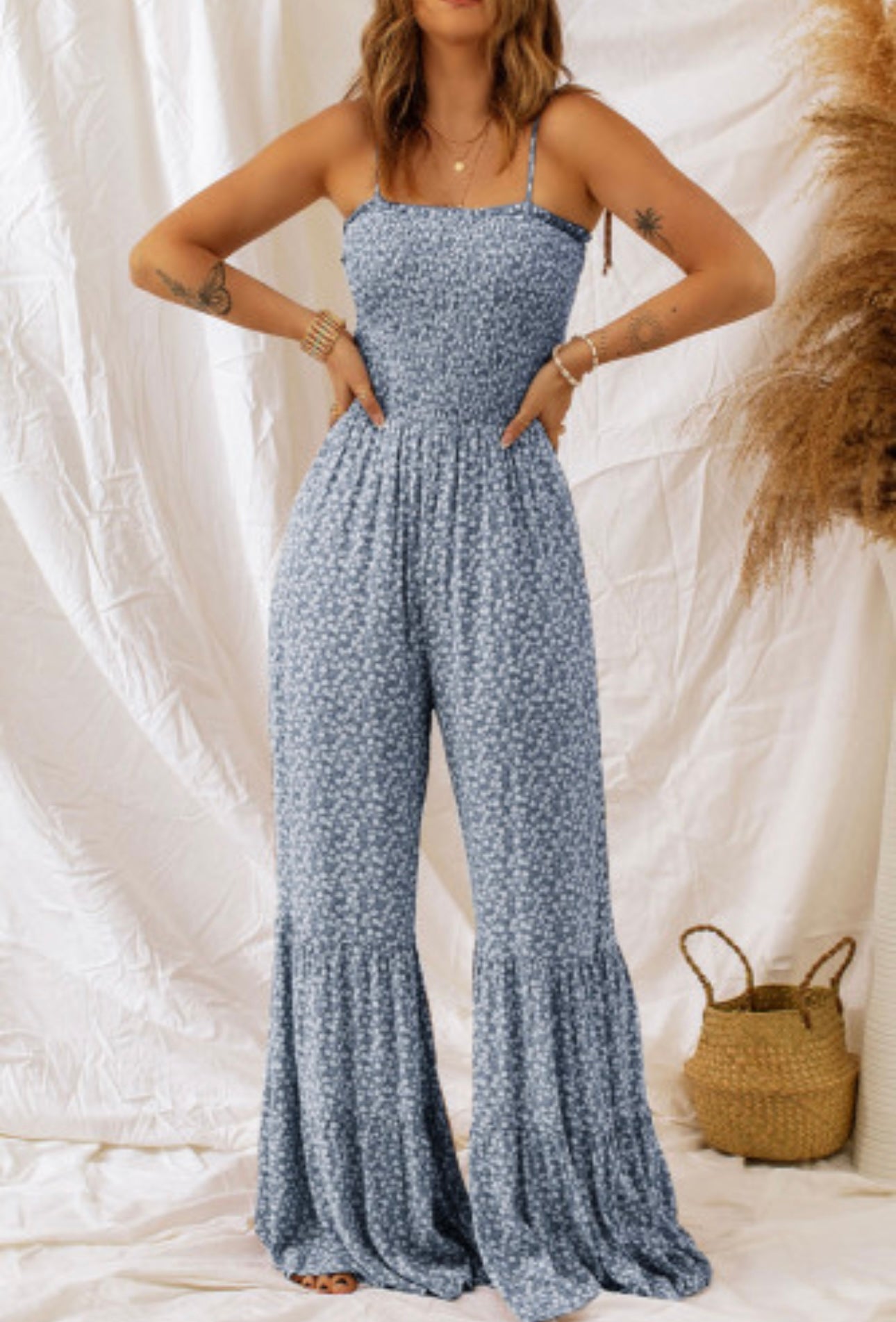 Dusk Blue Thin Straps Smocked Bodice Wide Leg Floral Jumpsuit