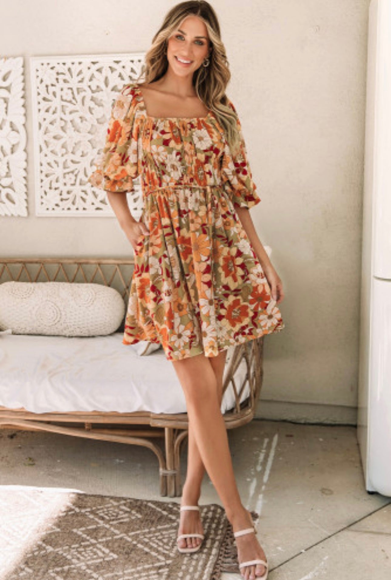 Green Ruffled Puff Short Sleeve Floral Dress