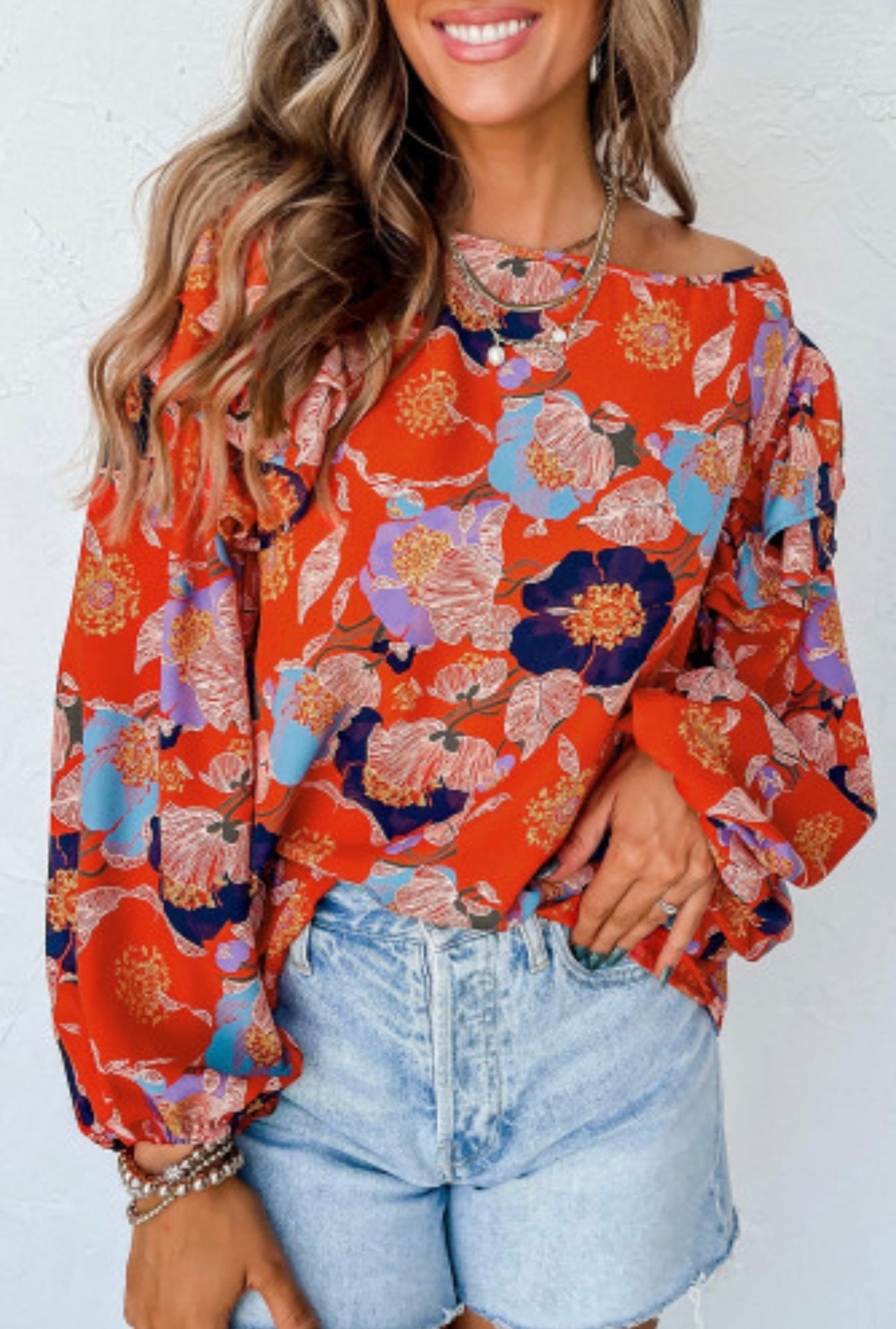 Fiery Red Floral Print Ruffle Puff Sleeve Blouse