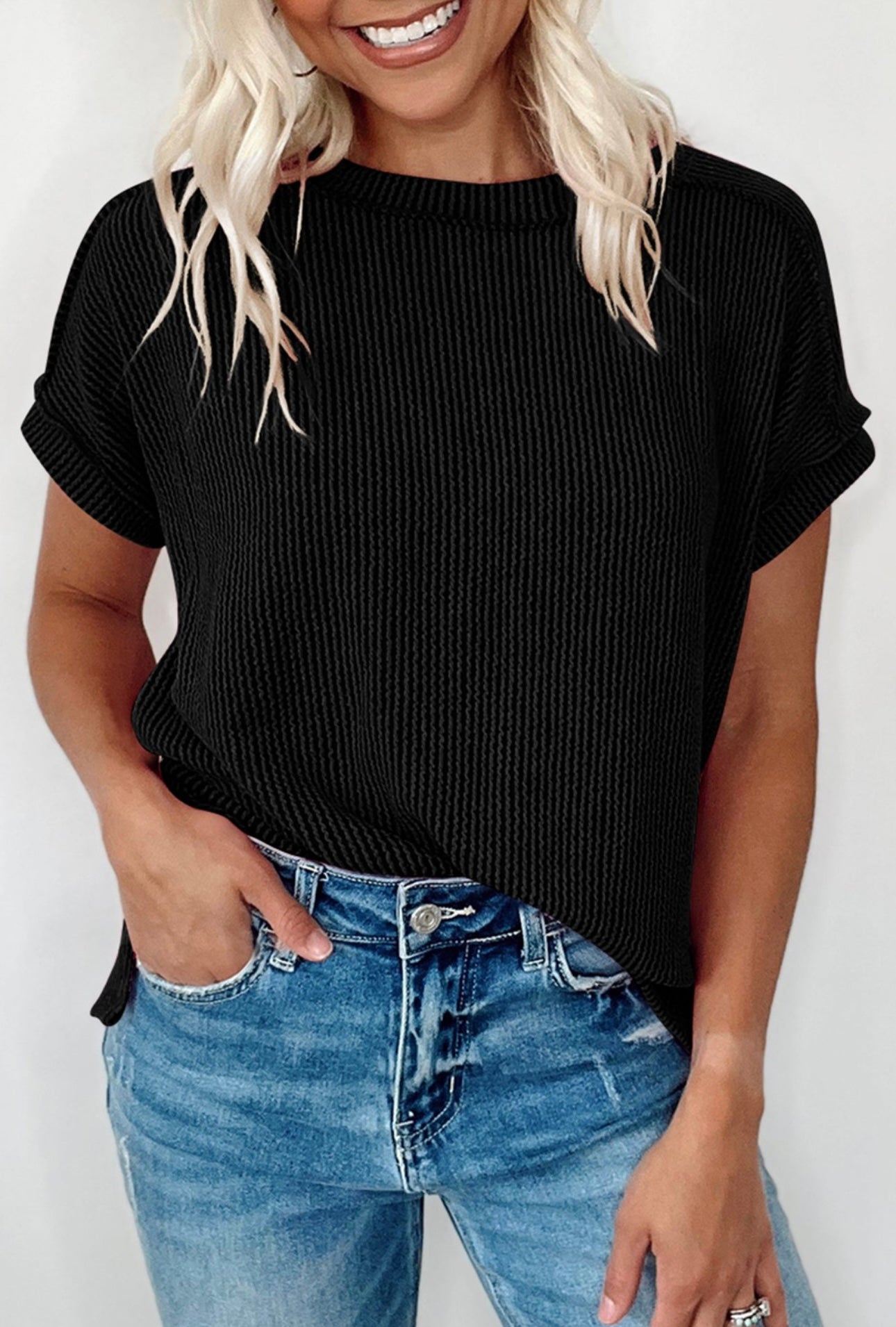 Textured Knit Exposed Stitching T-shirt